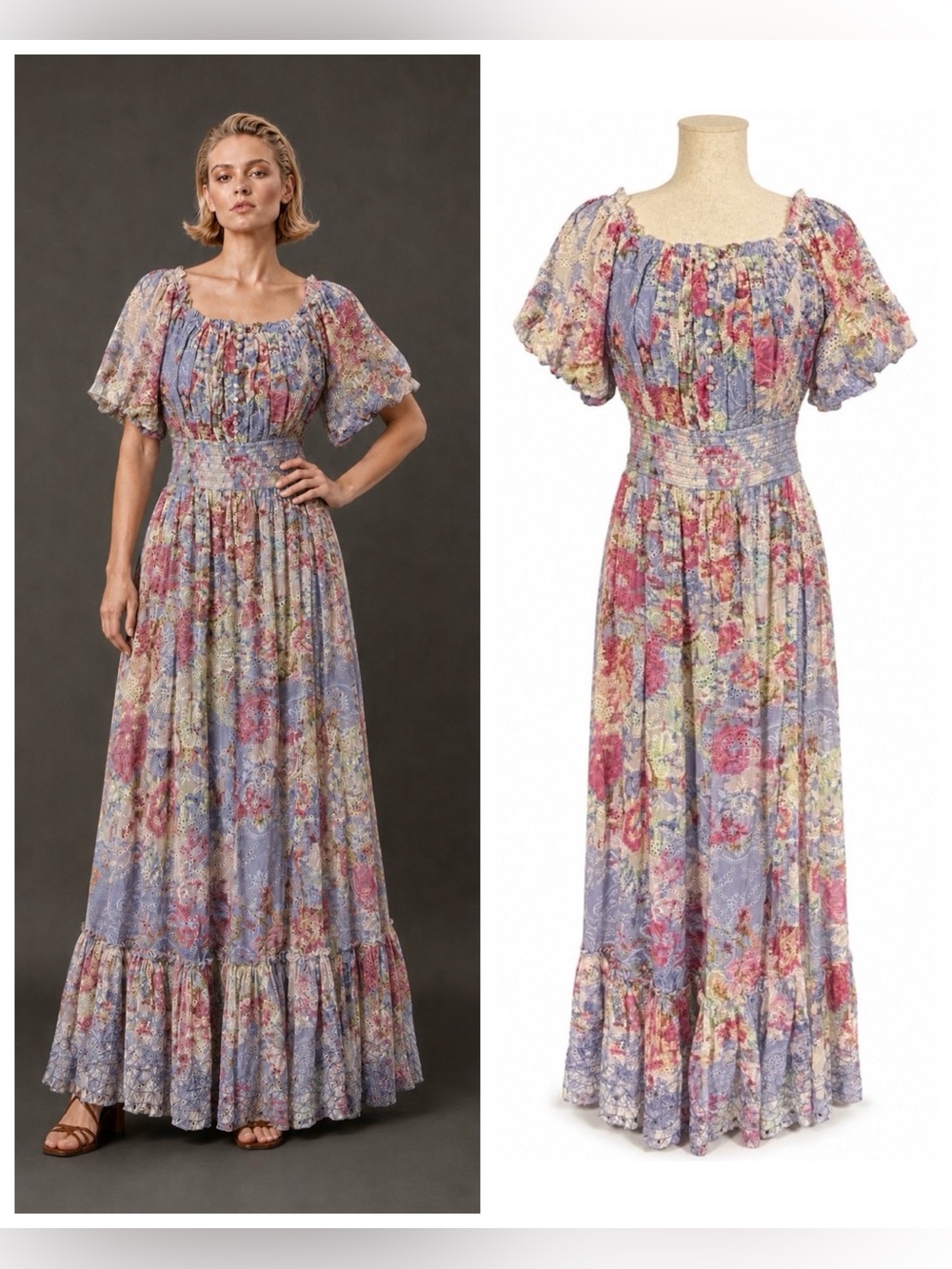 Hemant & Nandita Floral Puff-Sleeve Maxi Dress Lavender, Pink, side button- M